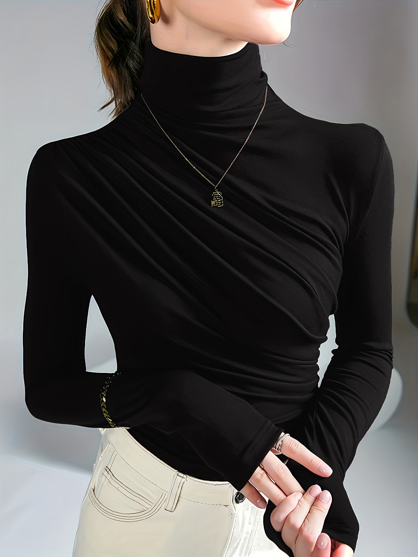 Elegant Ruched Mock Neck Long Sleeve Top for Women - Stylish Autumn/Winter Blouse, Soft Polyester & Elastane Blend, Machine Washable, Dark Brown, Perfect for Casual or Dressy Outfits